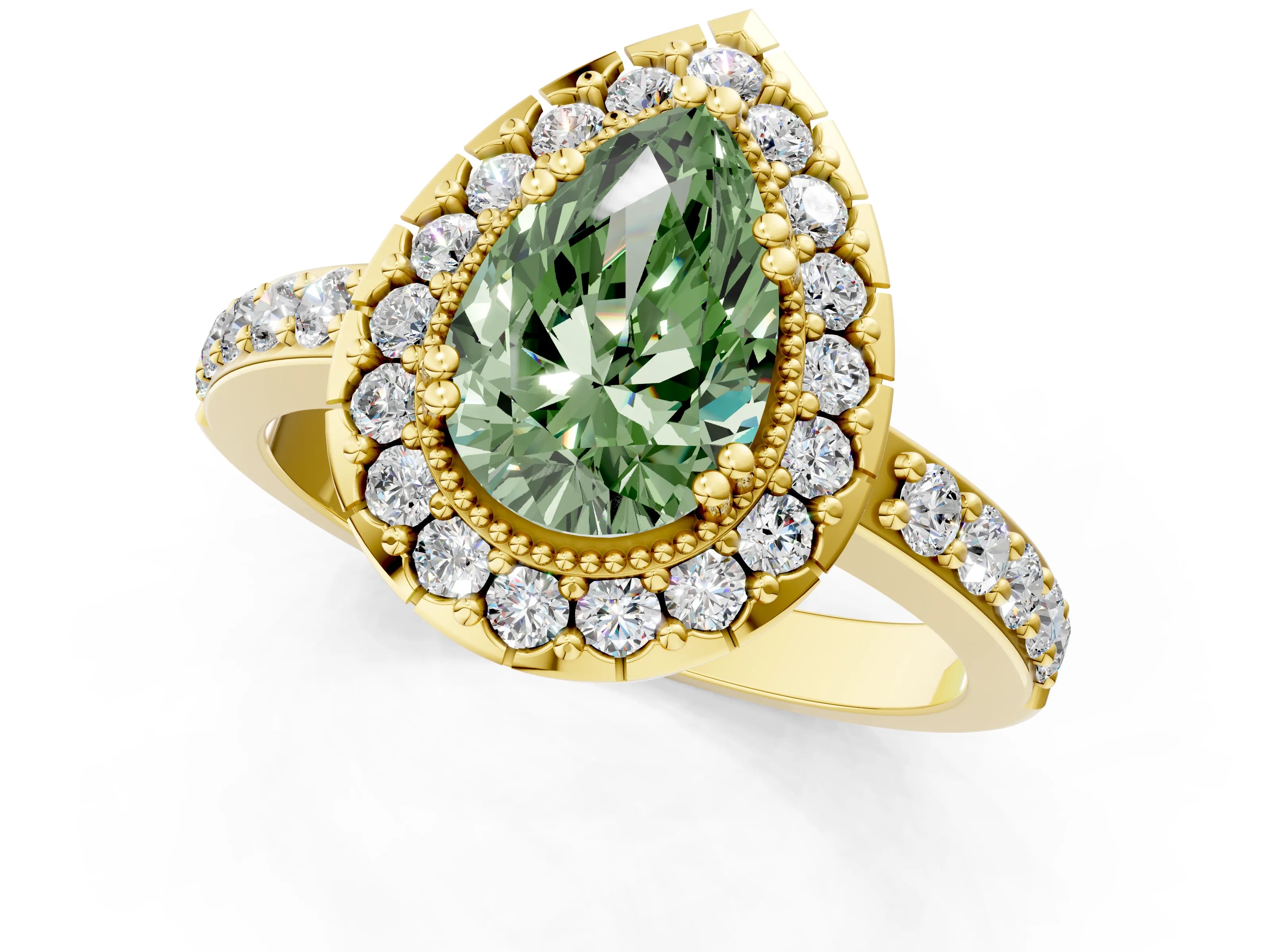 Yellow gold Fancy Green Pear Cut Diamond Halo Ring with Pavé Band and Prong Setting_1