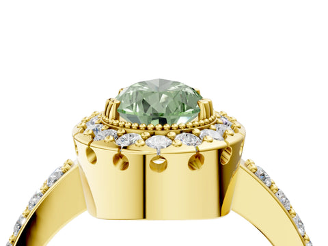 Yellow gold Fancy Green Pear Cut Diamond Halo Ring with Pavé Band and Prong Setting_4