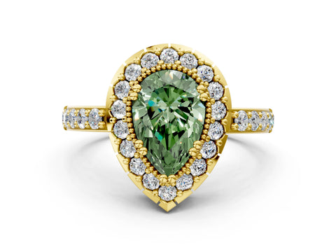 Yellow gold Fancy Green Pear Cut Diamond Halo Ring with Pavé Band and Prong Setting