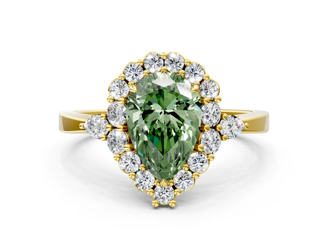 Yellow gold Fancy Green Pear Cut Diamond Halo Ring with Pear Side Stones and Prong Setting_63