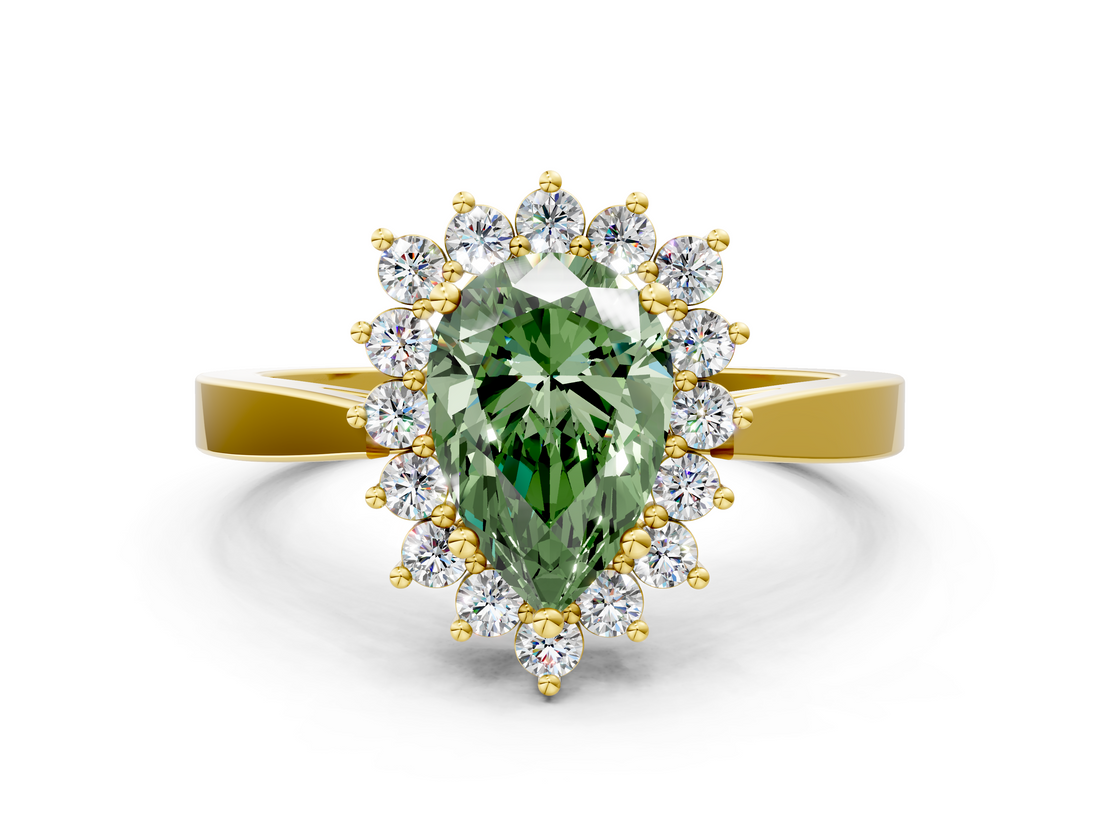 Yellow gold Fancy Green Pear  Cut Diamond Halo Ring with Round Brilliant Halo and Solitaire Band_85