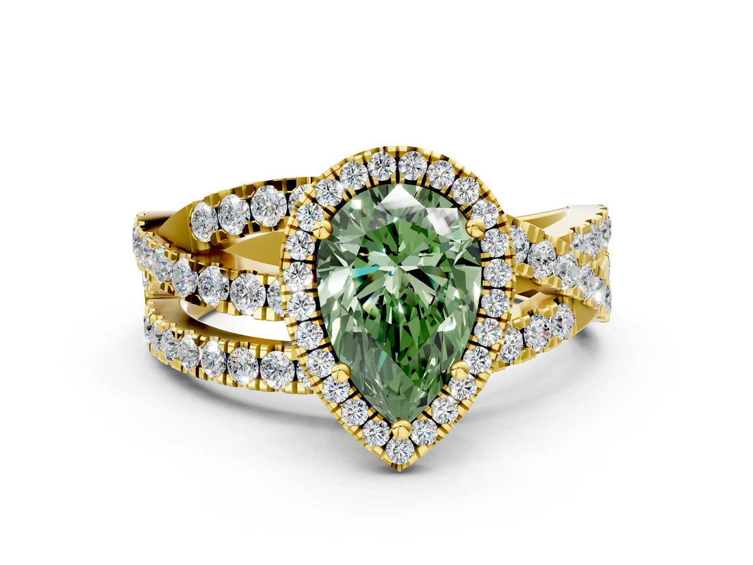 Yellow gold Fancy Green Pear Cut Diamond Halo Ring with Round Split Shank and Prong Setting_36