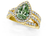 Yellow gold Fancy Green Pear Cut Diamond Halo Ring with Round Split Shank and Prong Setting_37