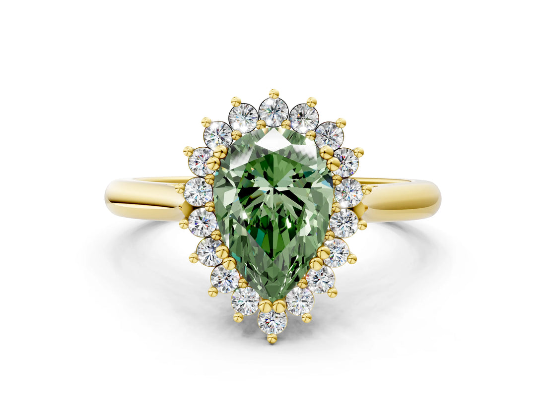Yellow gold Fancy Green Pear  Cut Diamond Halo Ring with Solitaire Band and Prong Setting_53