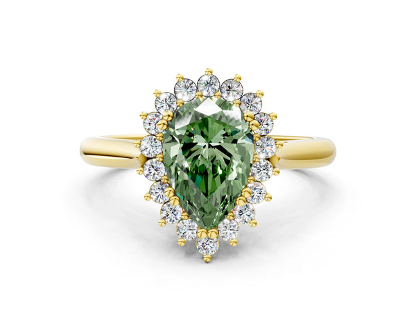 Yellow gold Fancy Green Pear  Cut Diamond Halo Ring with Solitaire Band and Prong Setting