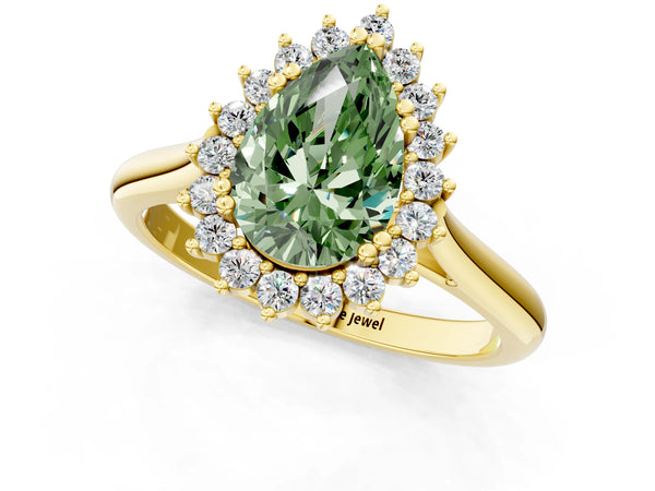 Yellow gold Fancy Green Pear  Cut Diamond Halo Ring with Solitaire Band and Prong Setting