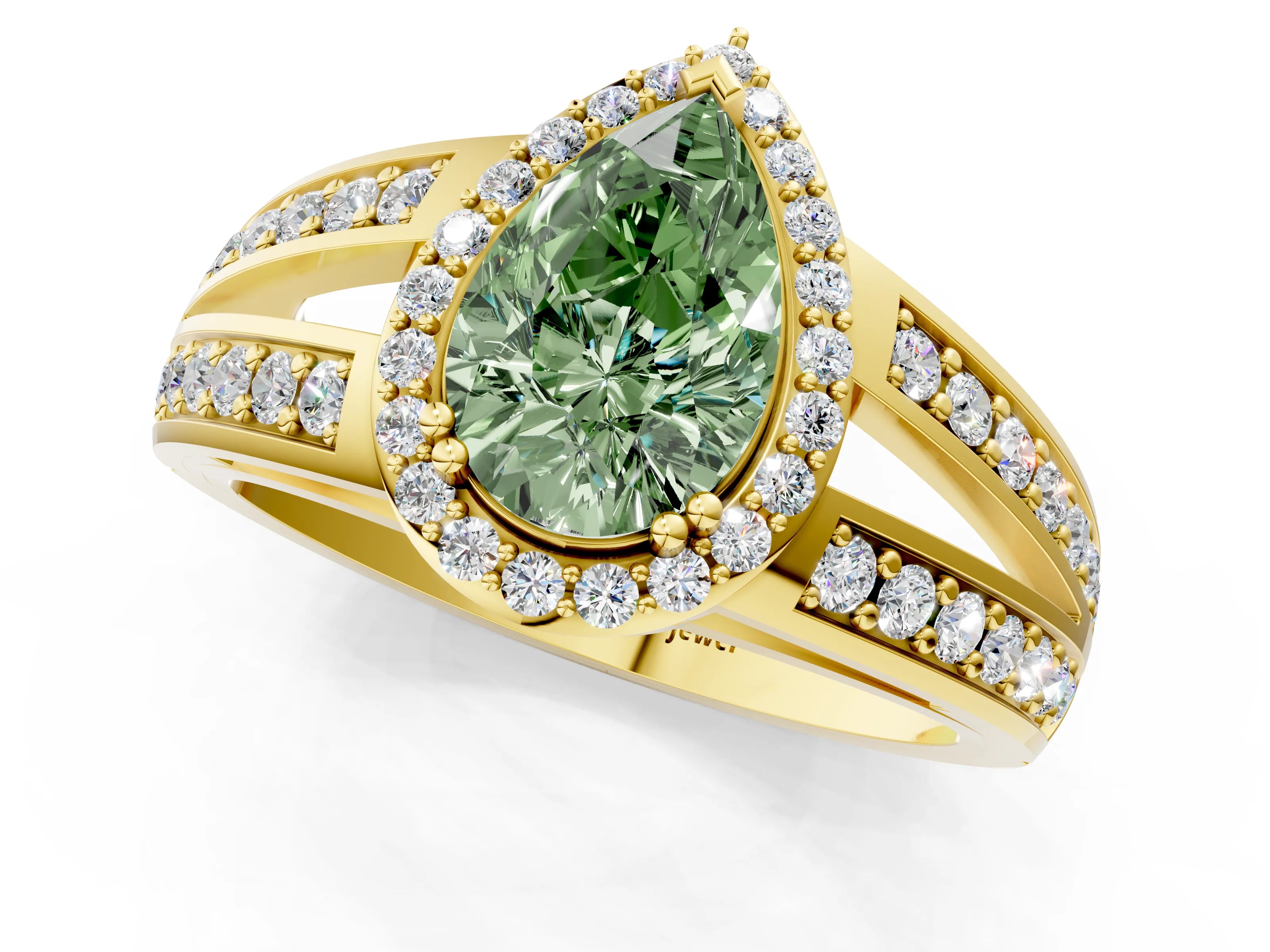Yellow gold Fancy Green Pear Cut Diamond Halo Ring with Split Shank Pavé Band and Four-Prong Setting_1