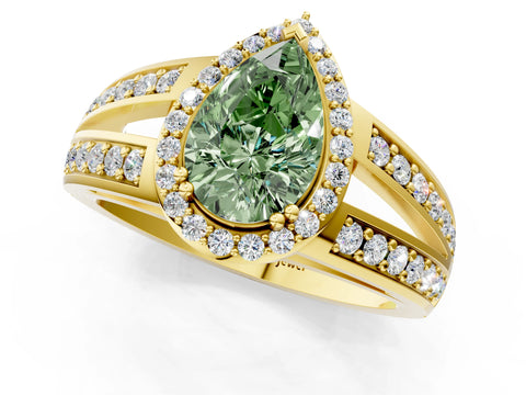 Yellow gold Fancy Green Pear Cut Diamond Halo Ring with Split Shank Pavé Band and Four-Prong Setting_1