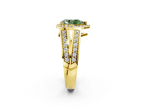 Yellow gold Fancy Green Pear Cut Diamond Halo Ring with Split Shank Pavé Band and Four-Prong Setting_2