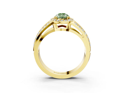 Yellow gold Fancy Green Pear Cut Diamond Halo Ring with Split Shank Pavé Band and Four-Prong Setting_3