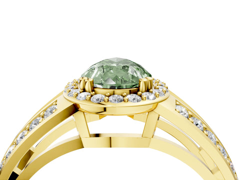 Yellow gold Fancy Green Pear Cut Diamond Halo Ring with Split Shank Pavé Band and Four-Prong Setting_4