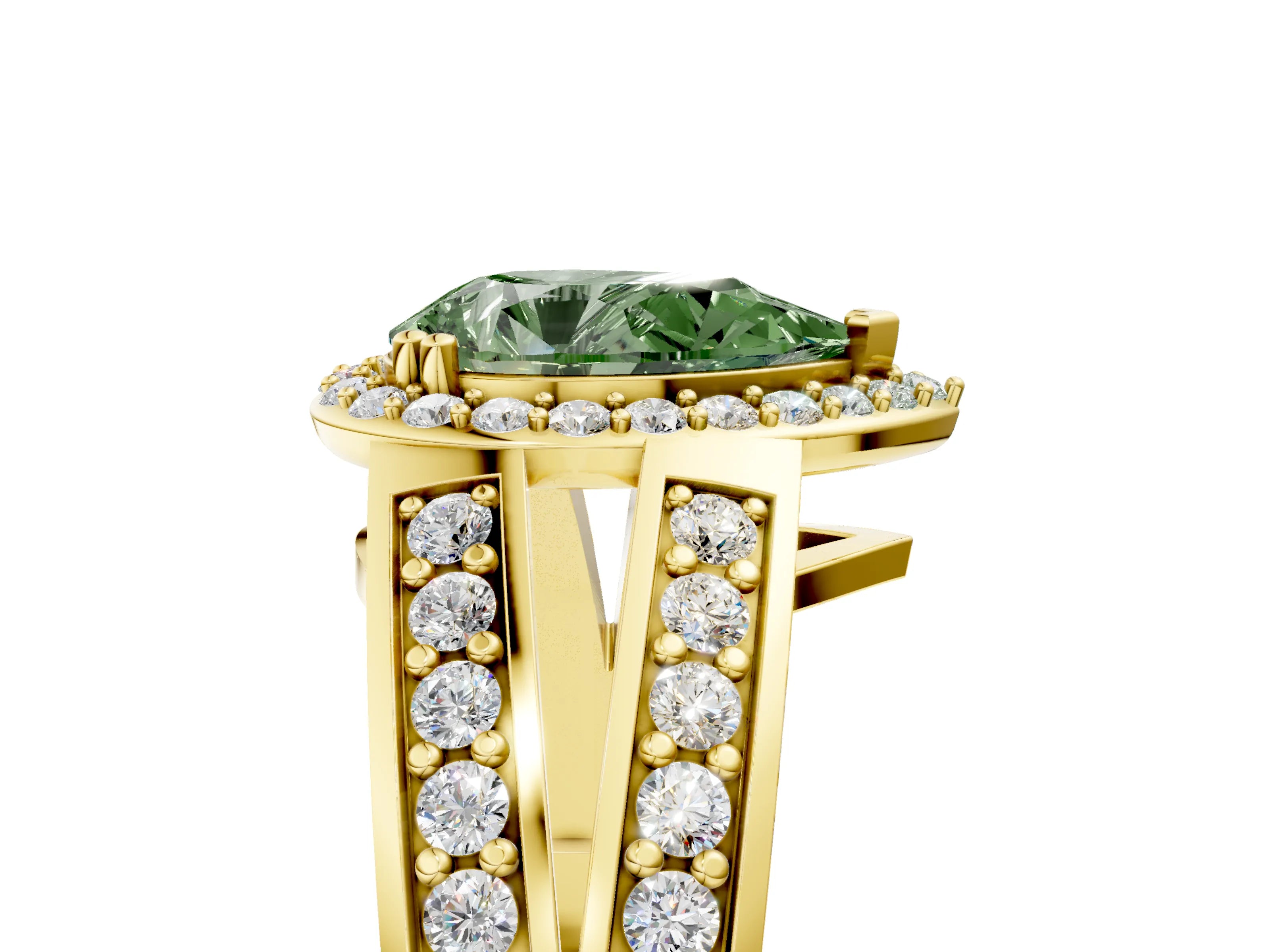 Yellow gold Fancy Green Pear Cut Diamond Halo Ring with Split Shank Pavé Band and Four-Prong Setting_5