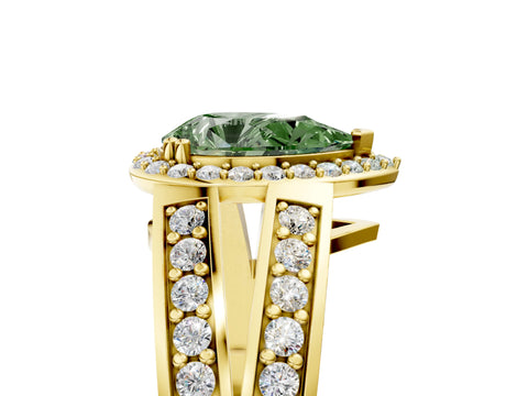 Yellow gold Fancy Green Pear Cut Diamond Halo Ring with Split Shank Pavé Band and Four-Prong Setting_5