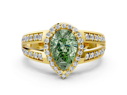 Yellow gold Fancy Green Pear Cut Diamond Halo Ring with Split Shank Pavé Band and Four-Prong Setting
