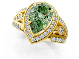Yellow gold Fancy Green Pear Cut Diamond Halo Ring with Split Shank and Bezel Accents and Four-Prong Setting_1