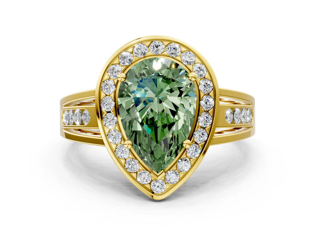 Yellow gold Fancy Green Pear Cut Diamond Halo Ring with Split Shank and Bezel Accents and Prong Setting