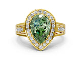 Yellow gold Fancy Green Pear Cut Diamond Halo Ring with Split Shank and Bezel Accents and Prong Setting