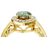Yellow gold Fancy Green Pear Cut Diamond Halo Ring with Split Shank and Bezel Accents and Prong Setting_4