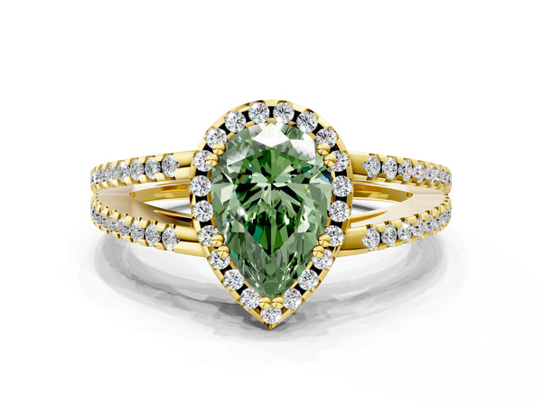 Yellow gold Fancy Green Pear Cut Diamond Halo Split Shank Engagement Ring