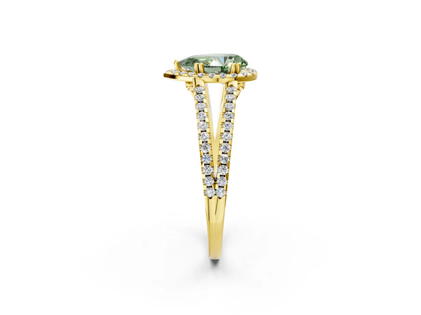 Yellow gold Fancy Green Pear Cut Diamond Halo Split Shank Engagement Ring