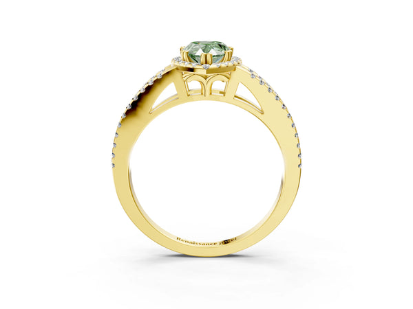 Yellow gold Fancy Green Pear Cut Diamond Halo Split Shank Engagement Ring