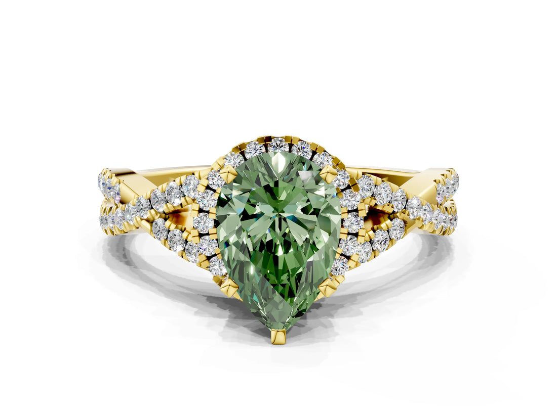 Yellow gold Fancy Green Pear Cut Diamond  Halo Twist Band Solitaire Prong Setting Ring_42
