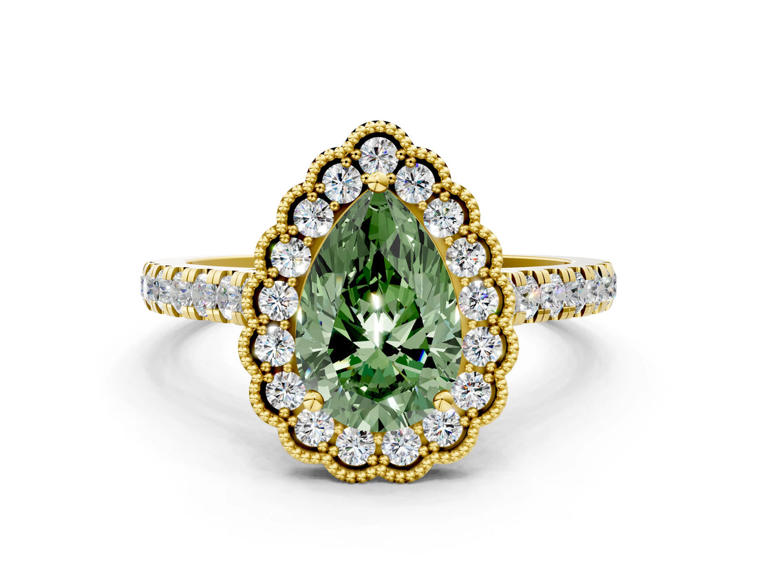 Yellow gold Fancy Green Pear  Cut Diamond Milgrain Floral Halo Engagement Ring with Pavé Band_15