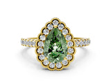 Yellow gold Fancy Green Pear  Cut Diamond Milgrain Floral Halo Engagement Ring with Pavé Band_15