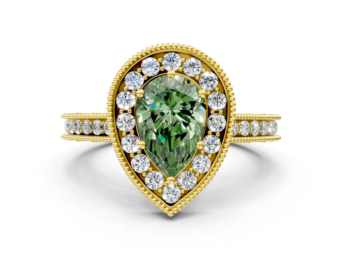 Yellow gold Fancy Green Pear Cut Diamond Milgrain Halo Engagement Ring with Round Pavé Band and Prong Setting_12