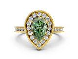 Yellow gold Fancy Green Pear Cut Diamond Milgrain Halo Engagement Ring with Round Pavé Band and Prong Setting_12