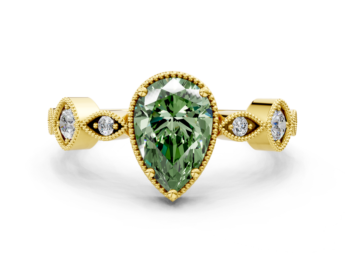 Yellow gold Fancy Green Pear  Cut Diamond Milgrain Marquise Band with Prong Setting_3
