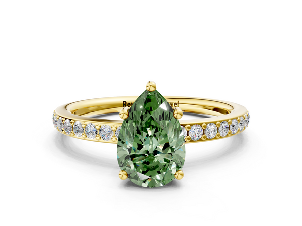 Yellow gold Fancy Green Pear  Cut Diamond Pavé Band Ring with Four-Prong Setting