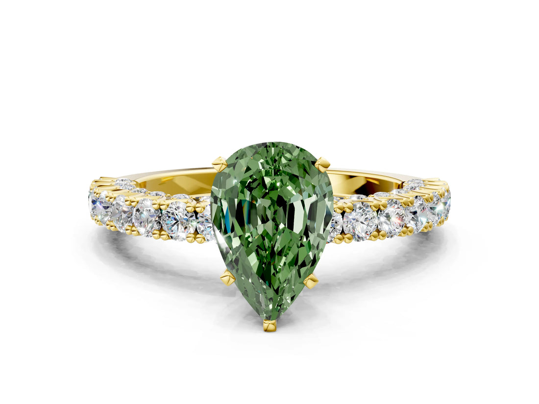 Yellow gold Fancy Green Pear Cut Diamond Pavé Band Solitaire Ring with Prong Setting_114