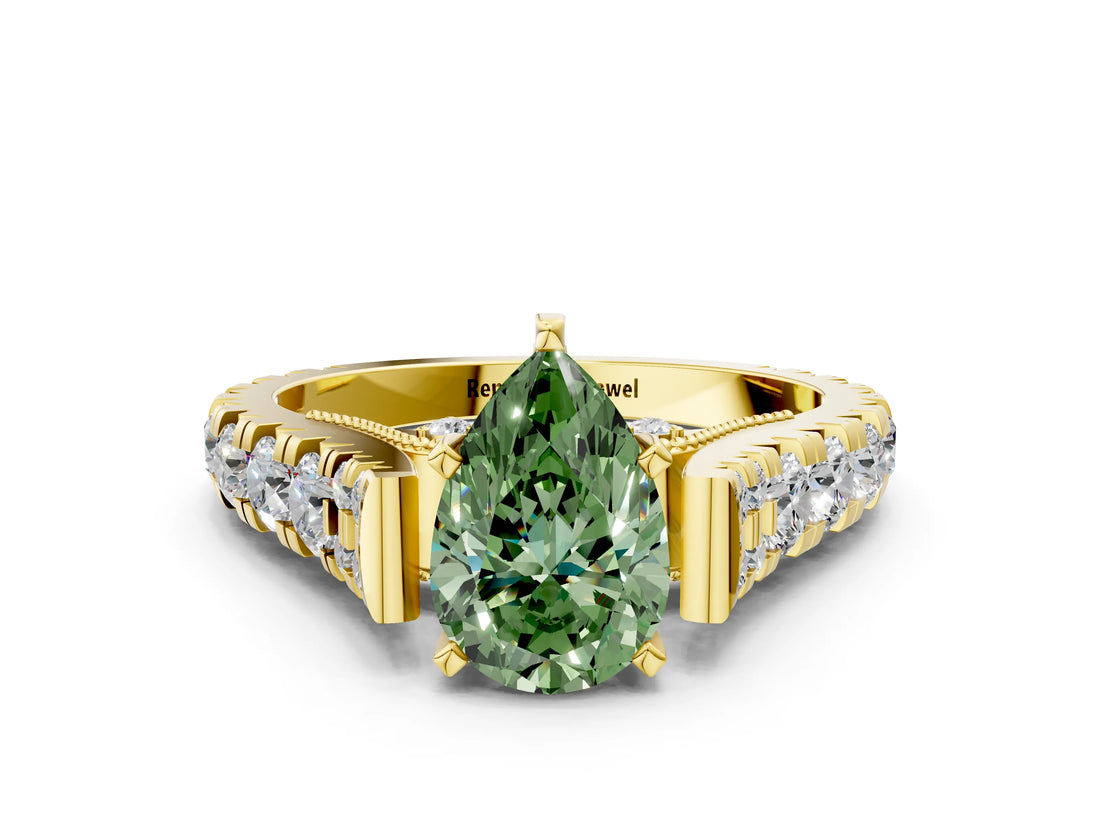 Yellow gold Fancy Green Pear  Cut Diamond Pavé Band Solitaire with Four-Prong Setting_15