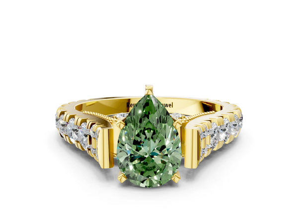 Yellow gold Fancy Green Pear Cut Diamond Classic Solitaire Ring with Pavé Band and Four-Prong Setting