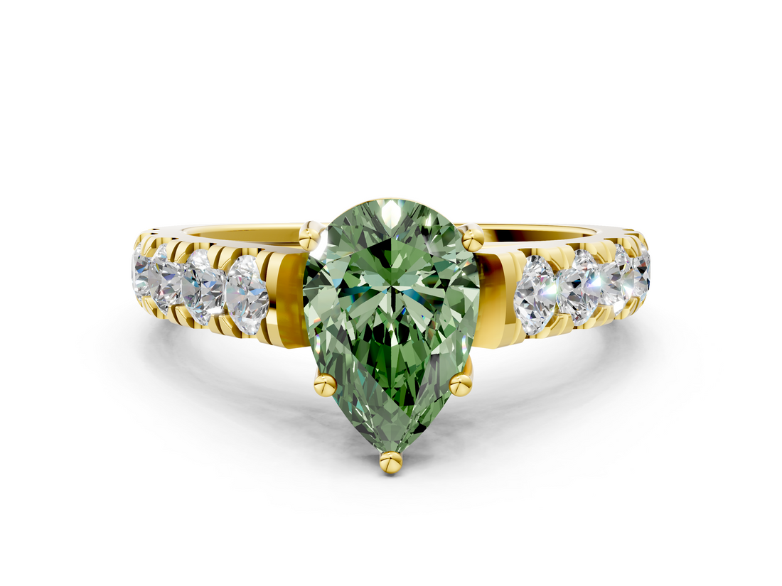 Yellow gold Fancy Green Pear  Cut Diamond Pavé Band Solitaire with Four-Prong Setting_3