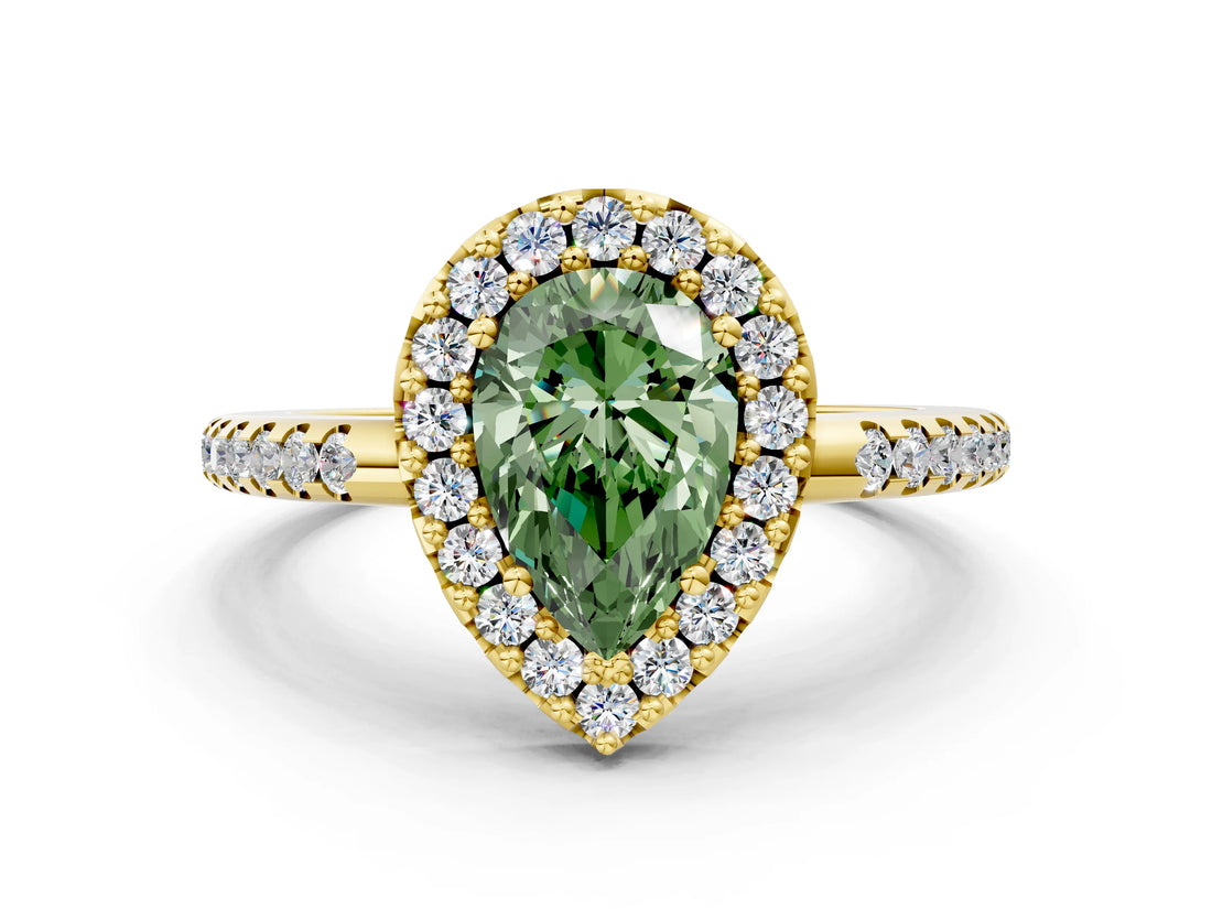 Yellow gold Fancy Green Pear Cut Diamond Pavé Halo Ring with Four-Prong Setting_35