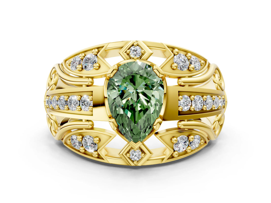 Yellow gold Fancy Green Pear Cut Diamond Pave Art Deco Split Shank Ring with Four-Prong Setting
