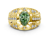 Yellow gold Fancy Green Pear Cut Diamond Pave Art Deco Split Shank Ring with Four-Prong Setting