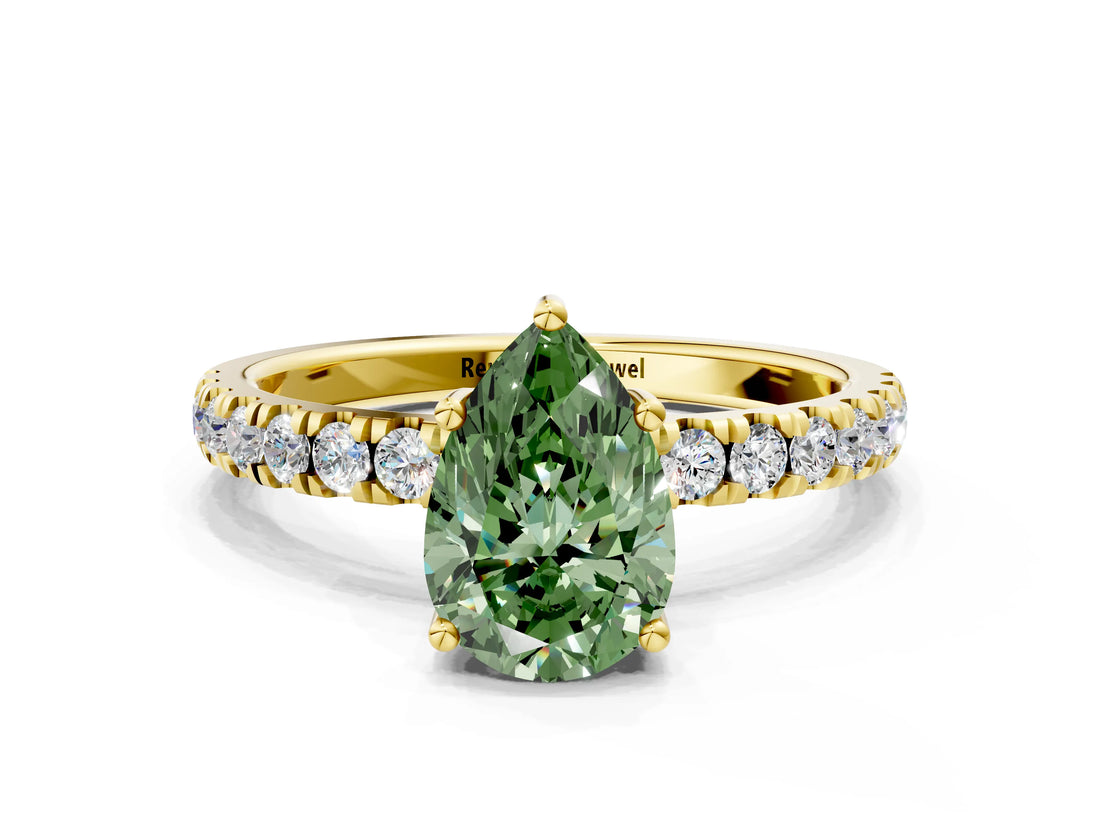 Yellow gold Fancy Green Pear Cut Diamond Pave Band Solitaire Ring with Four-Prong Setting_58