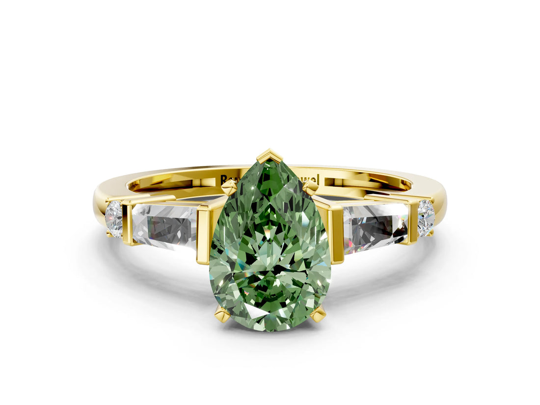 Yellow gold Fancy Green Pear  Cut Diamond Ring with Baguette Side Stones, Channel Set Band, and Four-Prong Setting_24