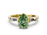 Yellow gold Fancy Green Pear  Cut Diamond Ring with Baguette Side Stones, Channel Set Band, and Four-Prong Setting_24