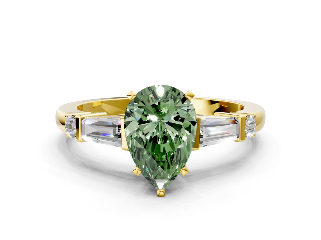 Yellow gold Fancy Green Pear  Cut Diamond Ring with Baguette Side Stones, Channel Set Band, and Four-Prong Setting_3