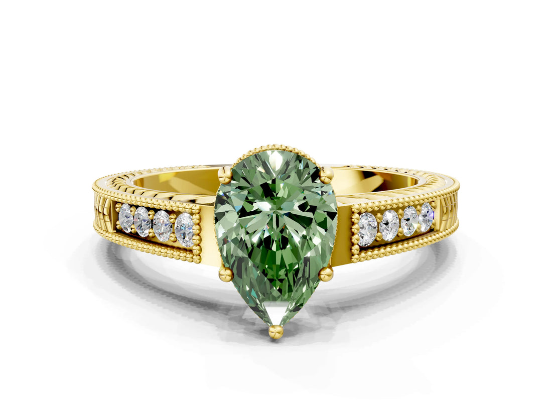 Yellow gold Fancy Green Pear Cut Diamond Ring with Milgrain Pavé Band and Four-Prong Setting_20
