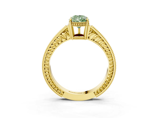 Yellow gold Fancy Green Pear Cut Diamond Ring with Milgrain Pavé Band and Four-Prong Setting