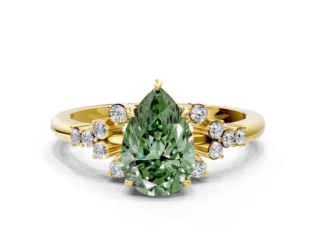 Yellow gold Fancy Green Pear Cut Diamond Ring with Side Stones and Four-Prong Setting_101