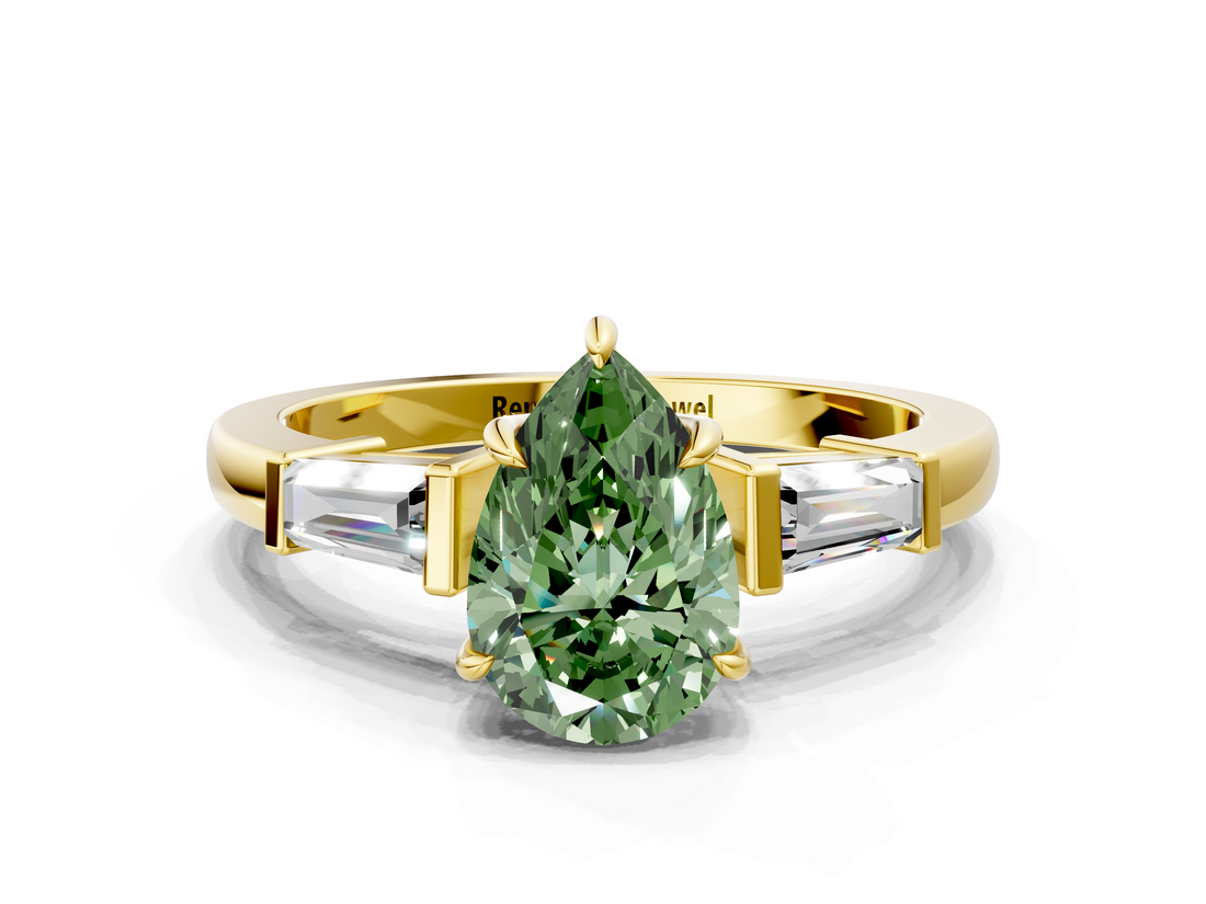 Yellow gold Fancy Green Pear  Cut Diamond Ring with Tapered Baguette Side Stones in Four-Prong Setting_3