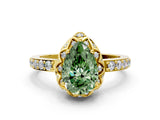 Yellow gold Fancy Green Pear Cut Diamond Scalloped Halo Engagement Ring with Round Shared Prong Band_12