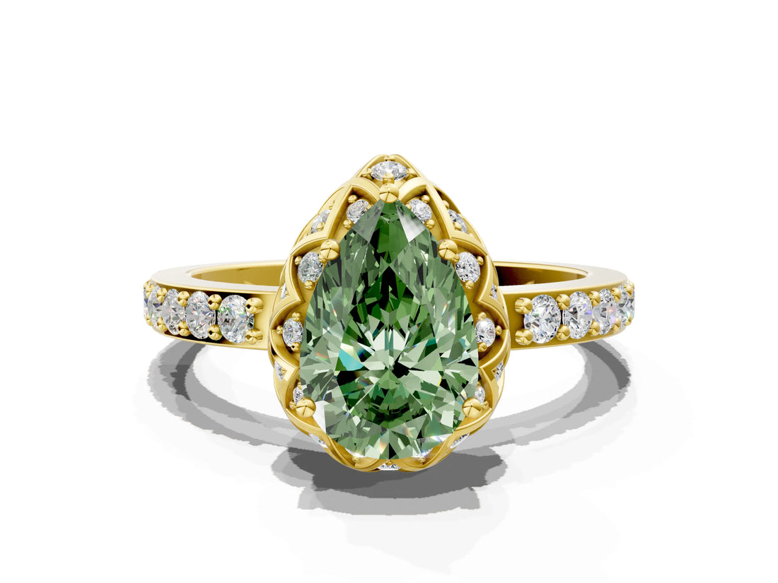 Yellow gold Fancy Green Pear Cut Diamond Scalloped Halo Engagement Ring with Round Shared Prong Band_24