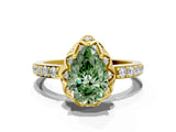 Yellow gold Fancy Green Pear Cut Diamond Scalloped Halo Engagement Ring with Round Shared Prong Band_24